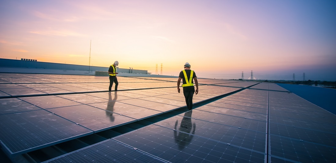 Engineer service check installation solar cell on the roof of fa